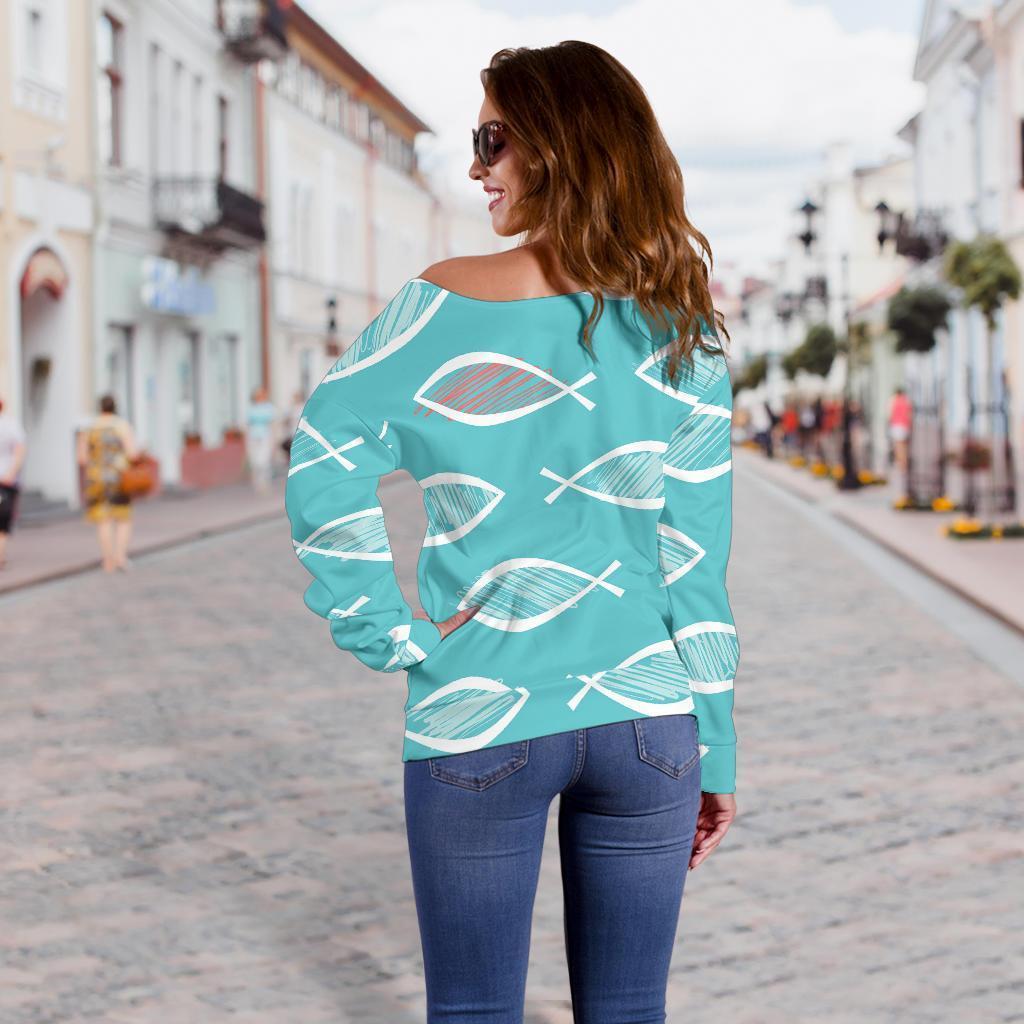 Ichthys Christian Pattern Print Women Off Shoulder Sweatshirt-grizzshop