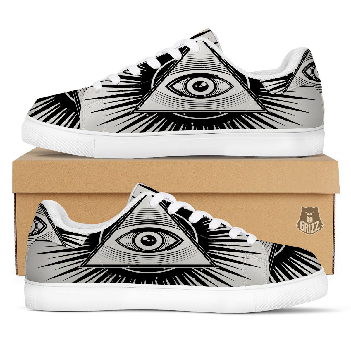 Illuminati White And Black Print White Low Top Sneakers-grizzshop