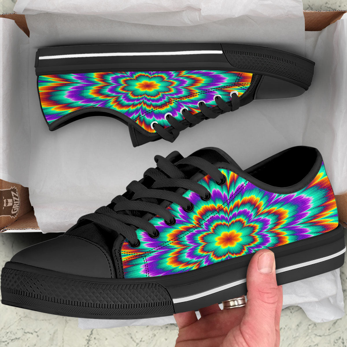 Illusion Optical Explosion Psychedelic Black Low Top Shoes-grizzshop