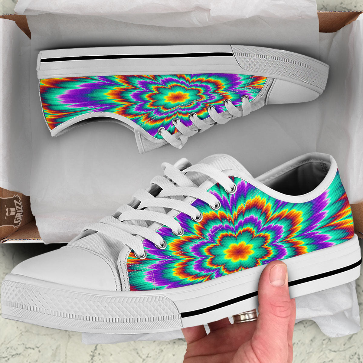 Illusion Optical Explosion Psychedelic White Low Top Shoes-grizzshop