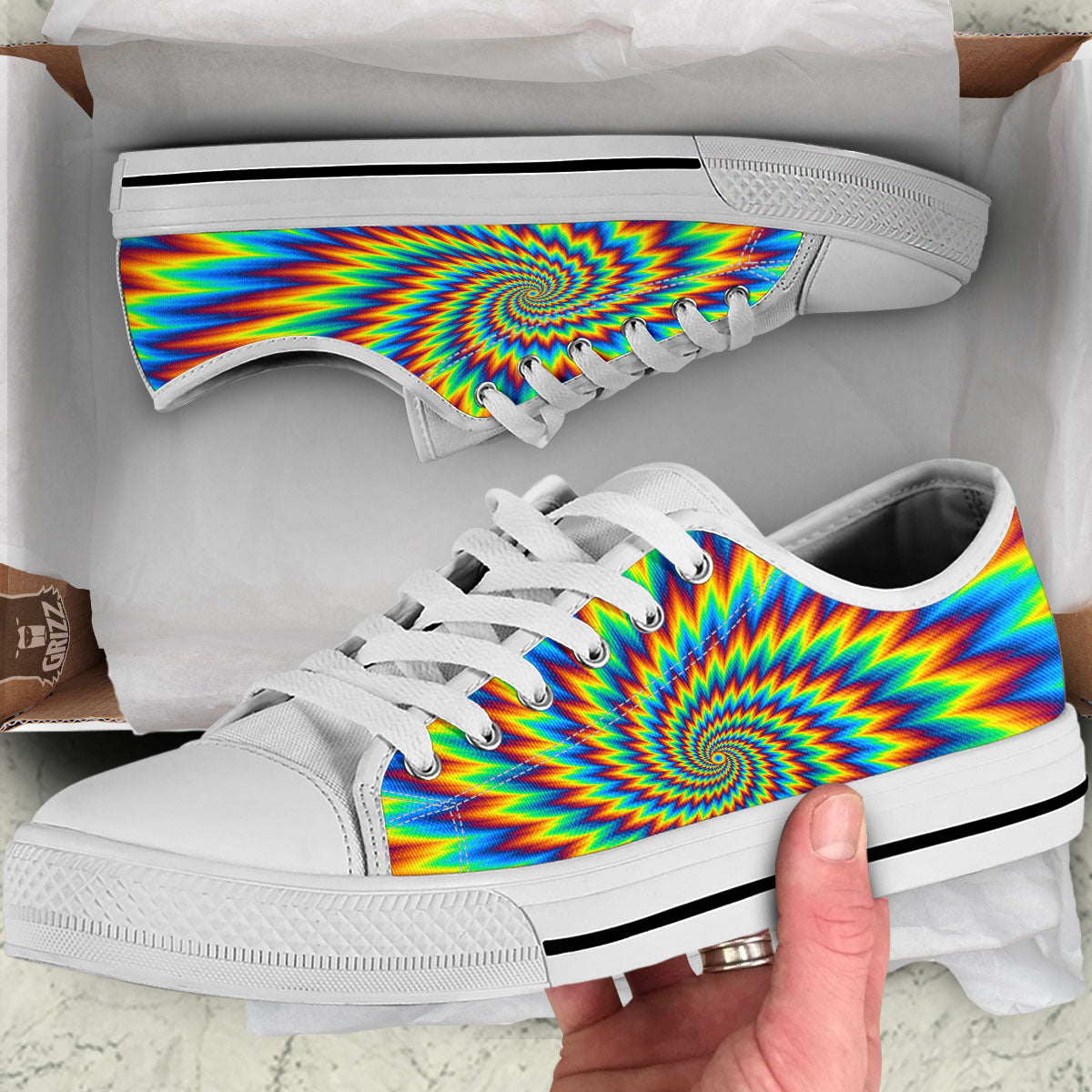 Illusion Optical Psychedelic Expansion White Low Top Shoes-grizzshop