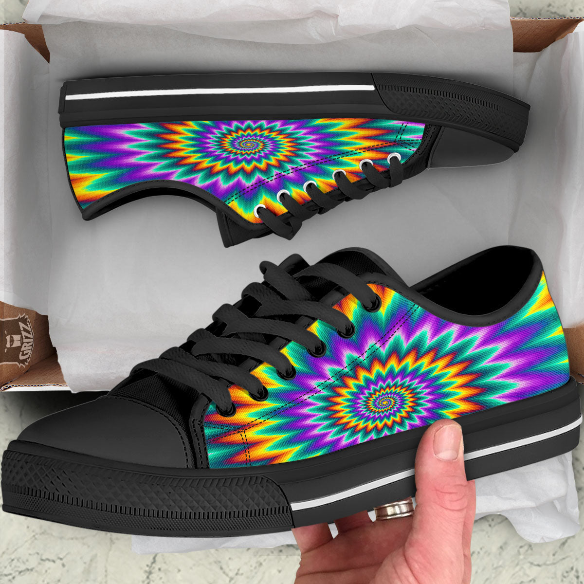 Illusion Optical Rave Psychedelic Black Low Top Shoes-grizzshop