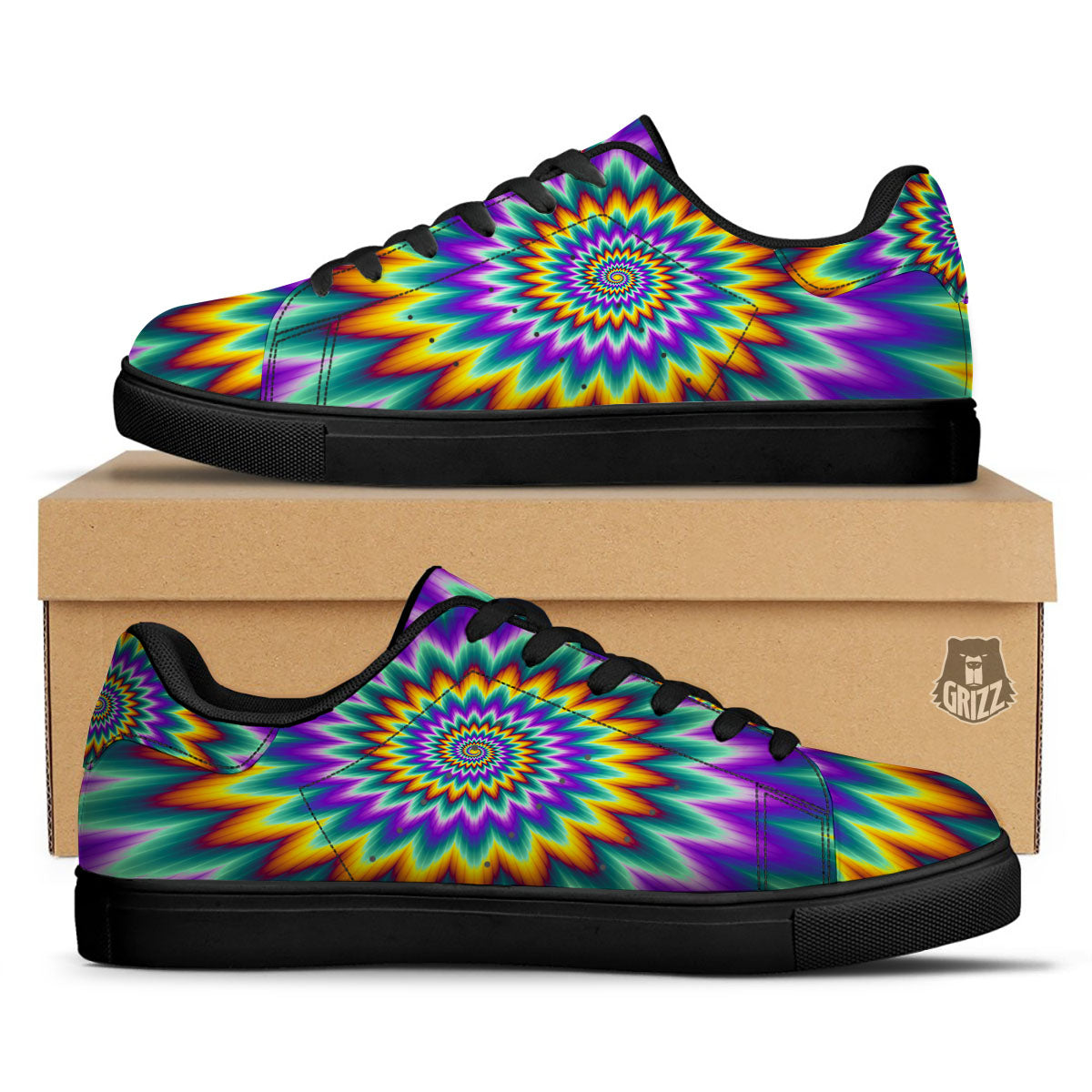 Illusion Optical Rave Psychedelic Black Low Top Sneakers-grizzshop