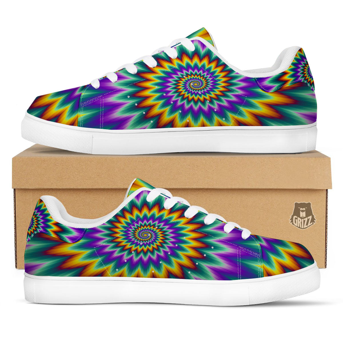 Illusion Optical Rave Psychedelic White Low Top Sneakers-grizzshop