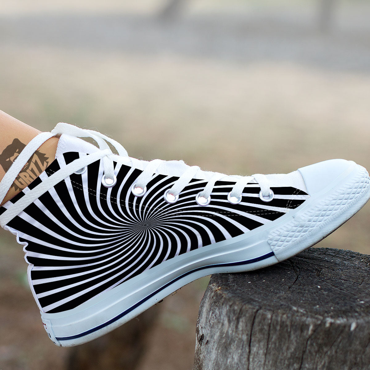 Illusory Motion White And Black Print White High Top Shoes-grizzshop