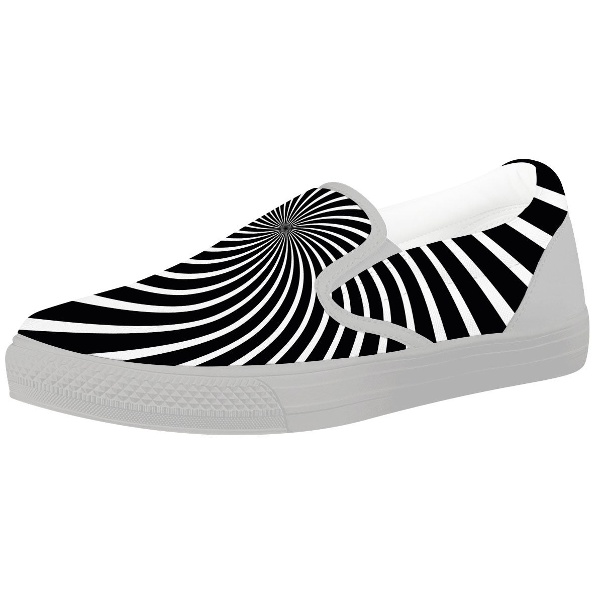 Illusory Motion White And Black Print White Slip On Shoes-grizzshop