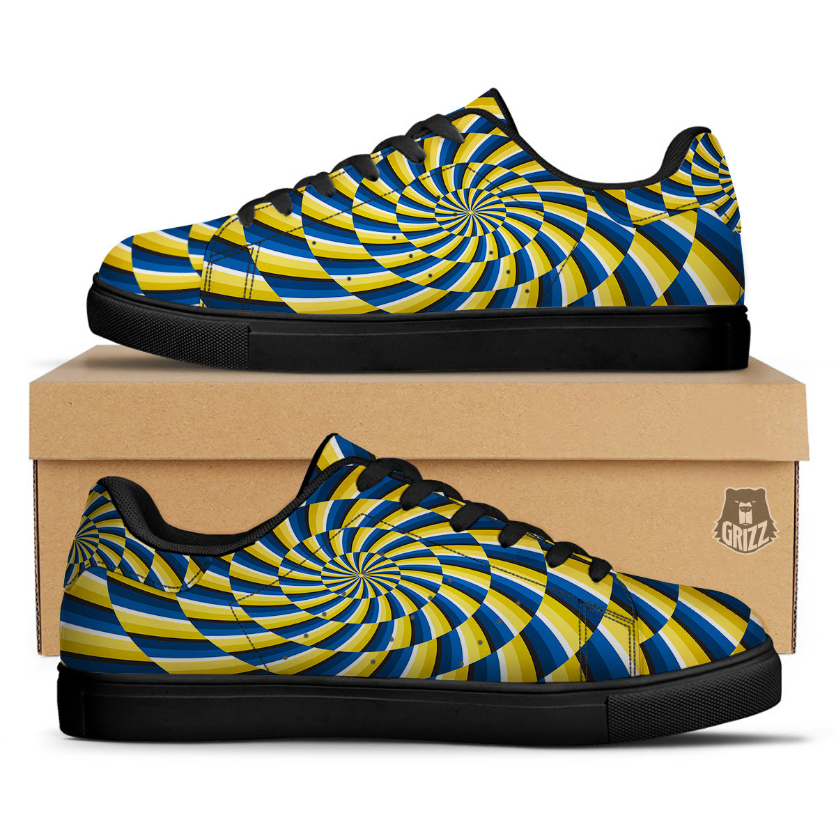 Illusory Motion Yellow And Blue Print Black Low Top Sneakers-grizzshop