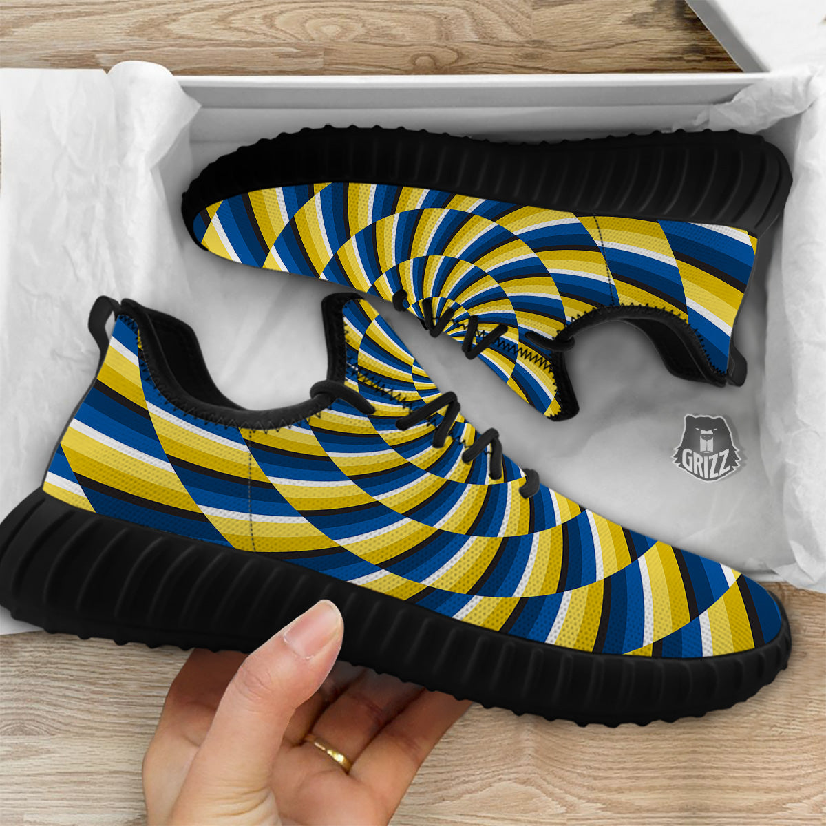 Illusory Motion Yellow And Blue Print Black Walking Shoes-grizzshop