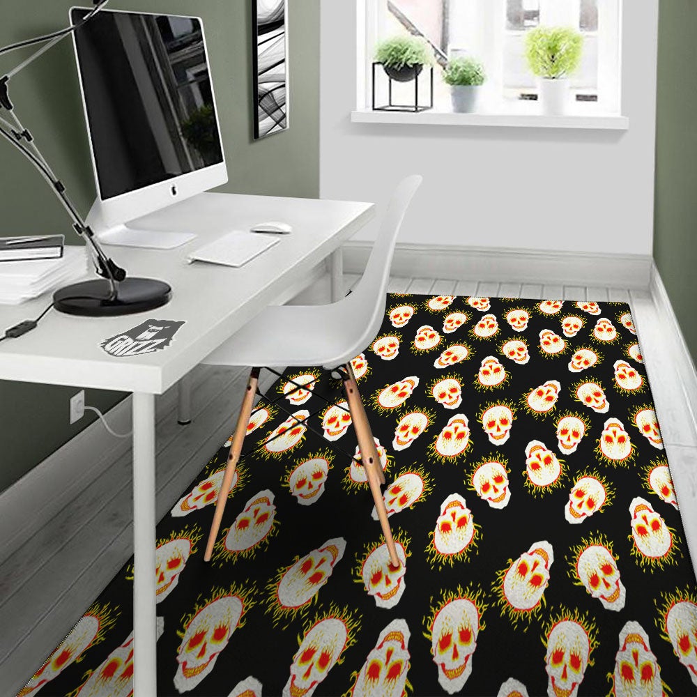 In Flames Skull Print Pattern Floor Mat-grizzshop