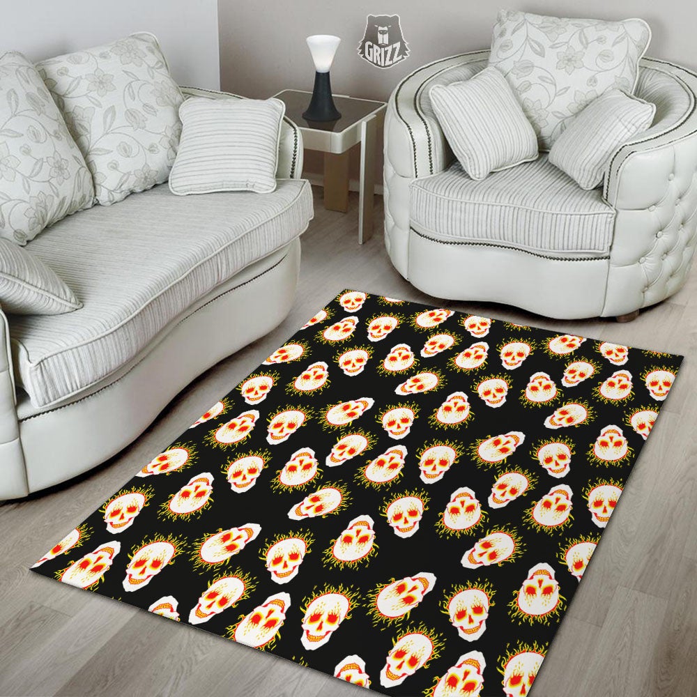 In Flames Skull Print Pattern Floor Mat-grizzshop