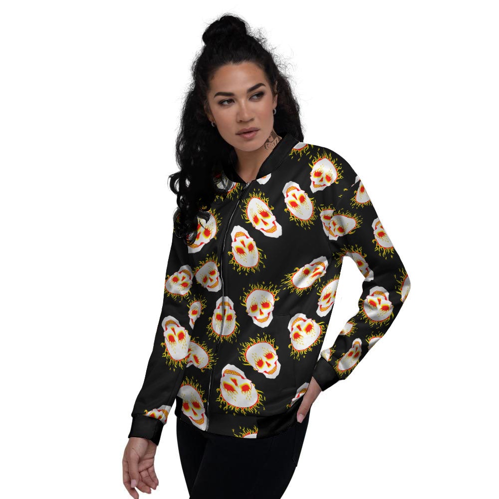 In Flames Skull Print Pattern Women's Bomber Jacket-grizzshop