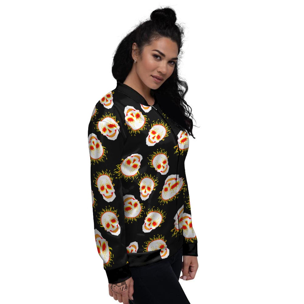 In Flames Skull Print Pattern Women's Bomber Jacket-grizzshop