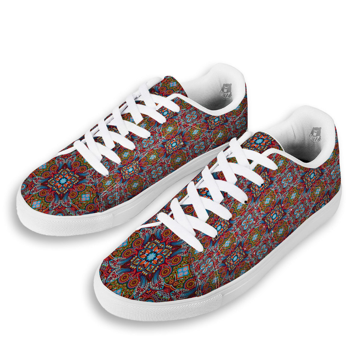 India Paisley Colorful Print Pattern White Low Top Sneakers-grizzshop