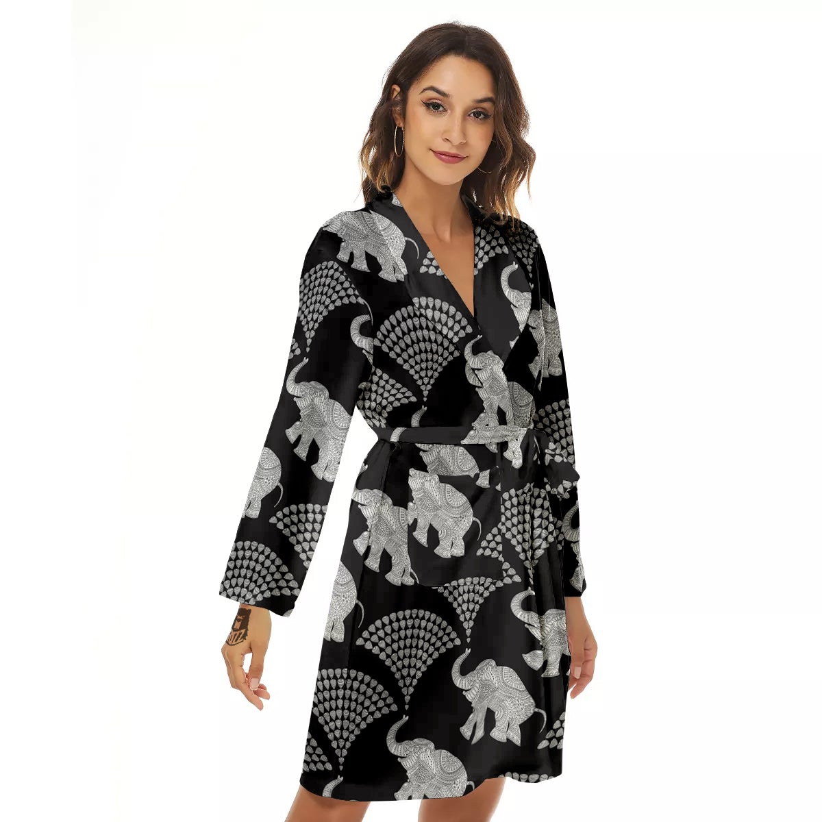 Indian Elephant Black Grey And White Print Pattern Women's Robe-grizzshop