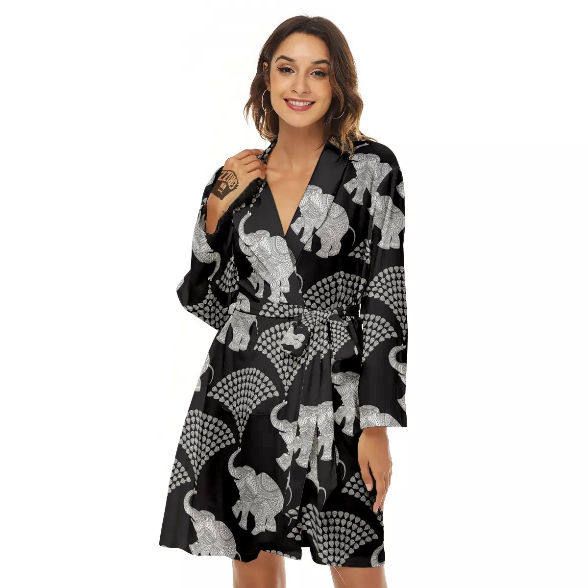 Indian Elephant Black Grey And White Print Pattern Women's Robe-grizzshop