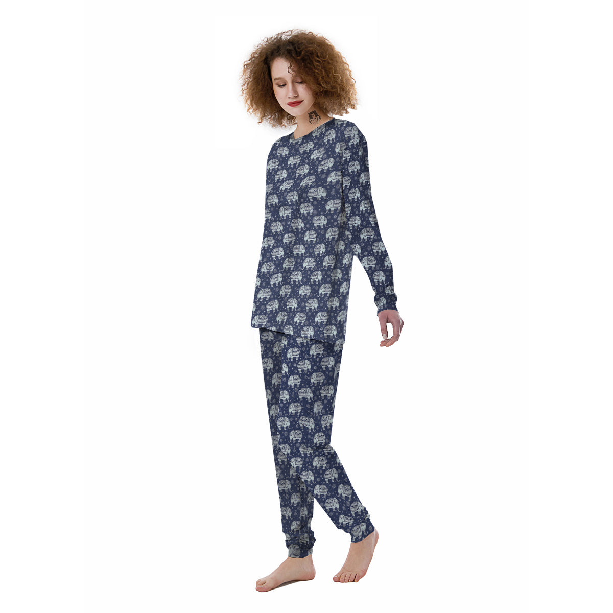 Indian Elephant Blue And White Print Pattern Women's Pajamas-grizzshop