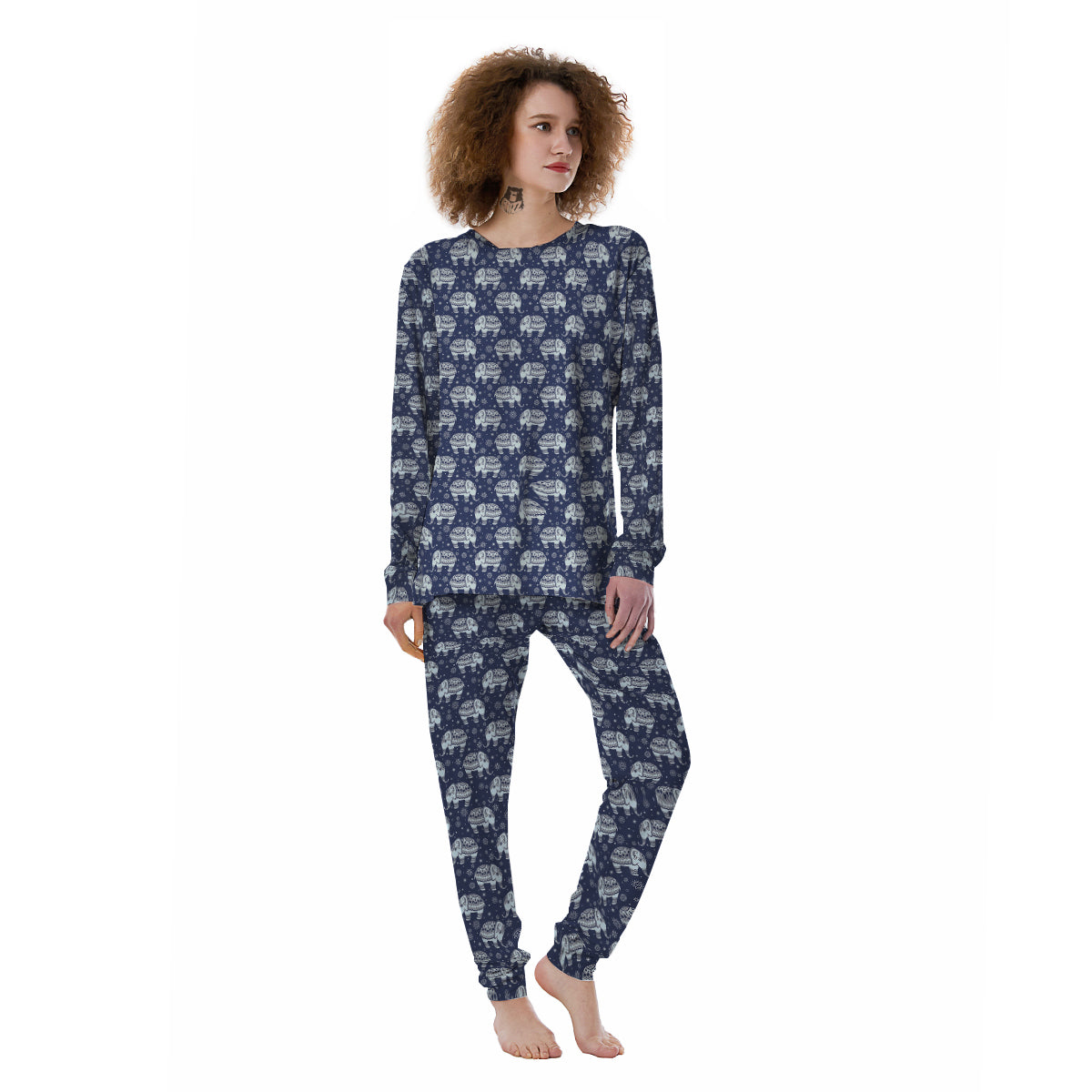 Indian Elephant Blue And White Print Pattern Women's Pajamas-grizzshop