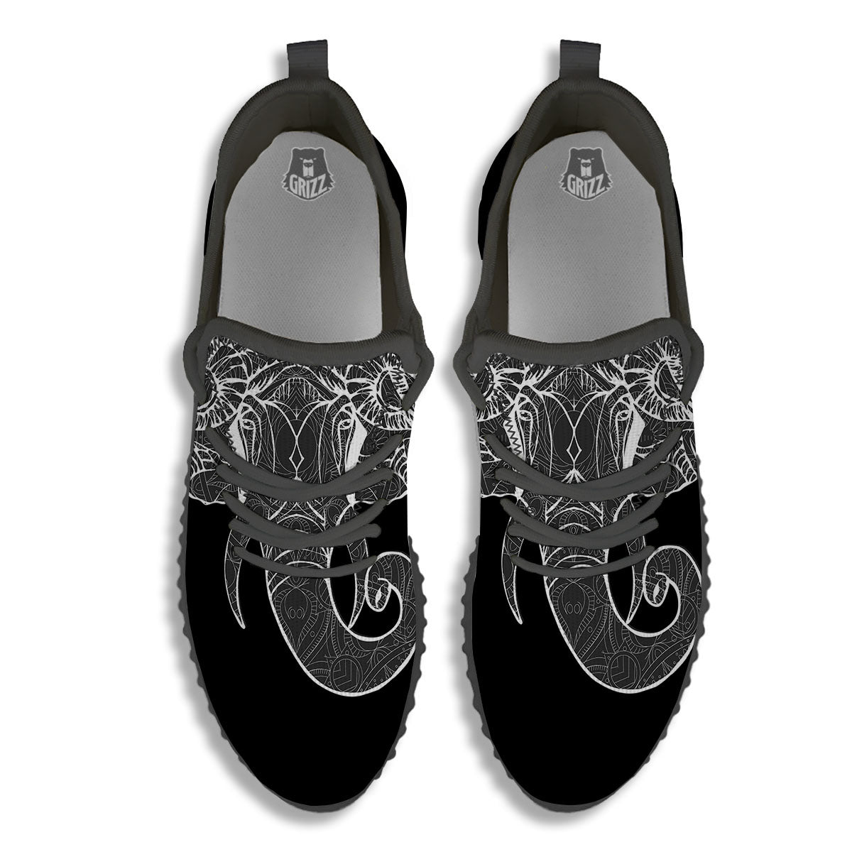 Indian Elephant White And Black Print Black Walking Shoes-grizzshop