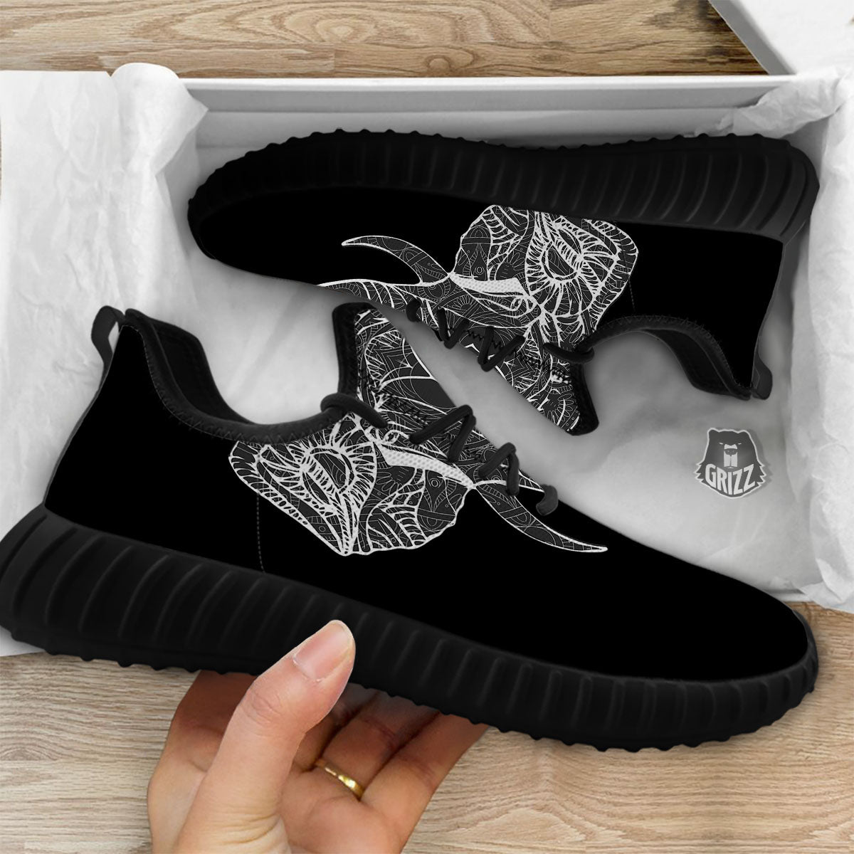Indian Elephant White And Black Print Black Walking Shoes-grizzshop
