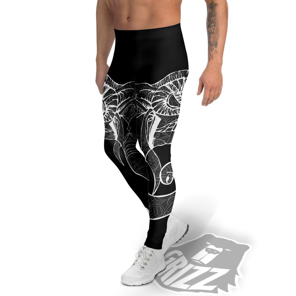 Indian Elephant White And Black Print Men's Leggings-grizzshop