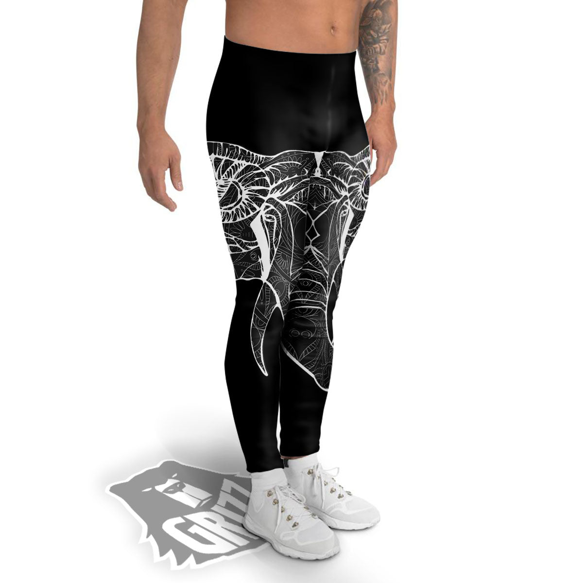 Indian Elephant White And Black Print Men's Leggings-grizzshop