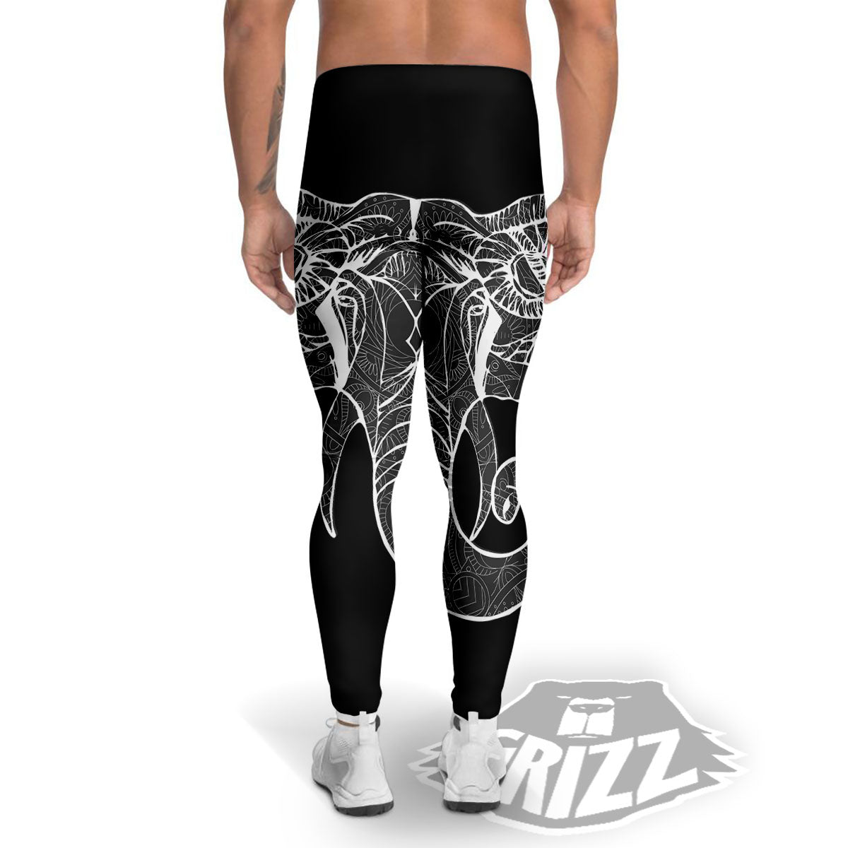 Indian Elephant White And Black Print Men's Leggings-grizzshop