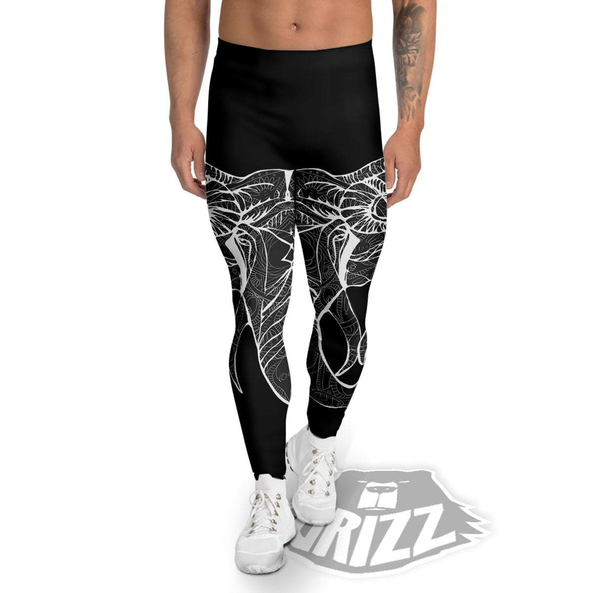 Indian Elephant White And Black Print Men's Leggings-grizzshop
