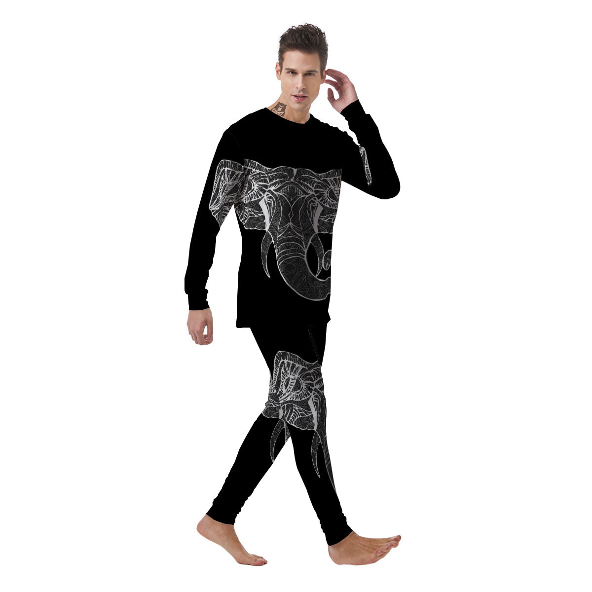 Indian Elephant White And Black Print Men's Pajamas-grizzshop