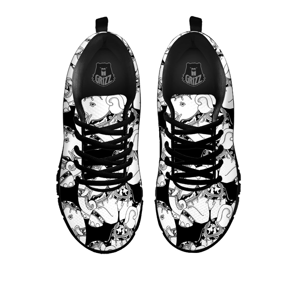 Indian Elephant White And Black Print Pattern Black Sneaker-grizzshop