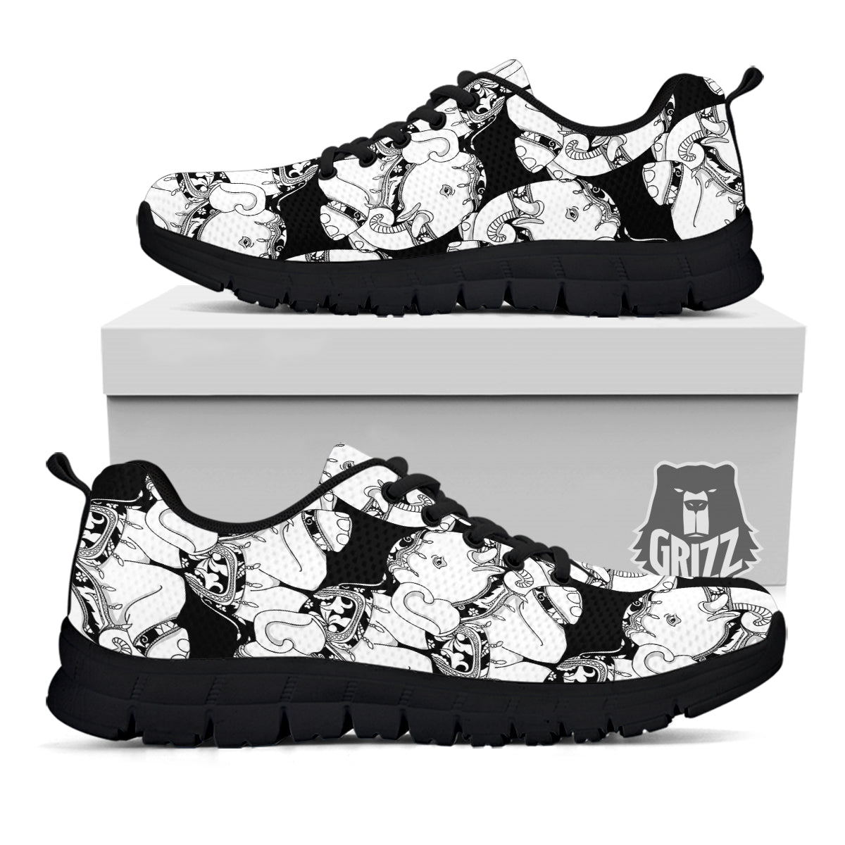 Indian Elephant White And Black Print Pattern Black Sneaker-grizzshop