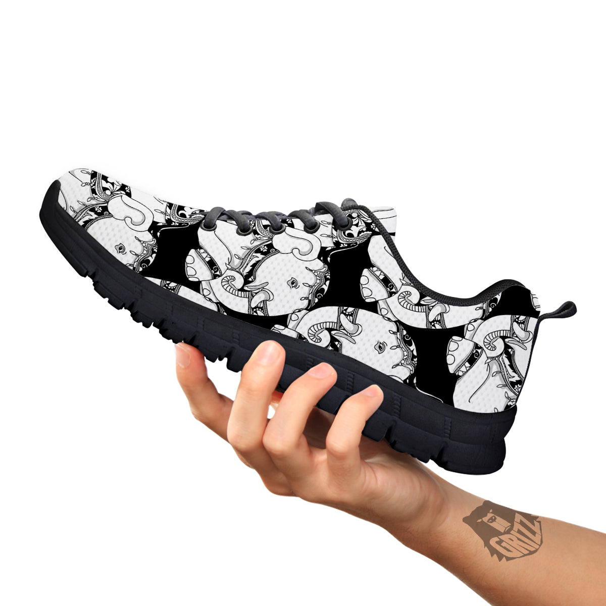 Indian Elephant White And Black Print Pattern Black Sneaker-grizzshop