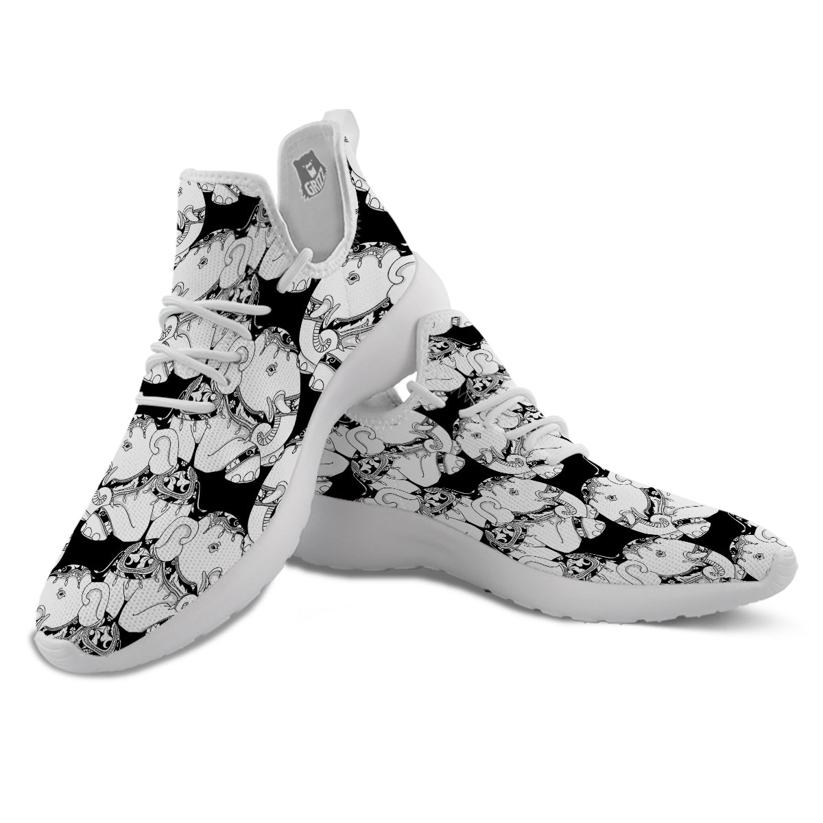 Indian Elephant White And Black Print Pattern White Athletic Shoes-grizzshop