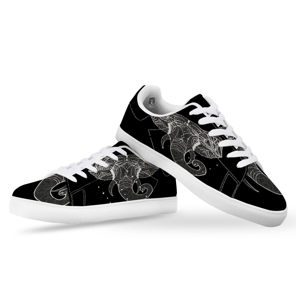 Indian Elephant White And Black Print White Low Top Sneakers-grizzshop