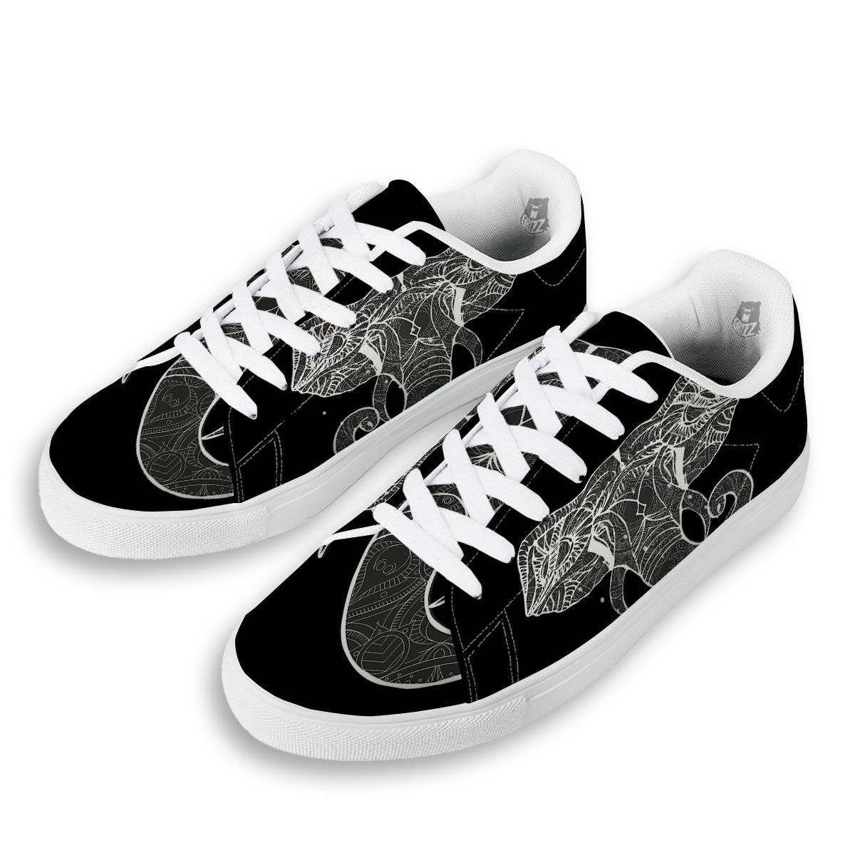 Indian Elephant White And Black Print White Low Top Sneakers-grizzshop