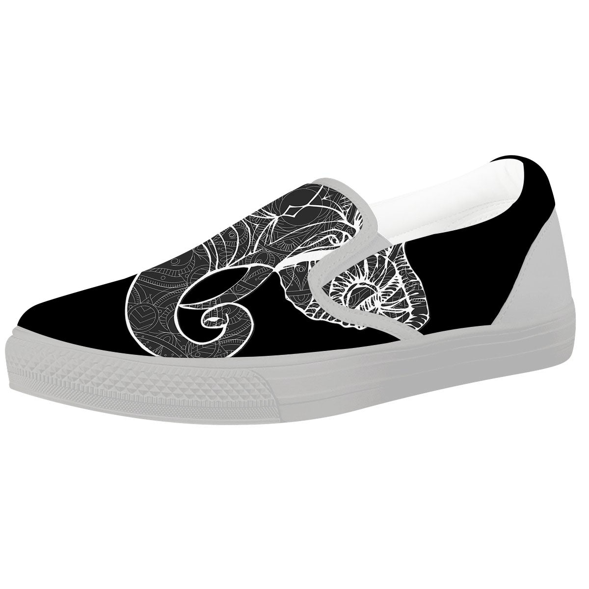 Indian Elephant White And Black Print White Slip On Shoes-grizzshop