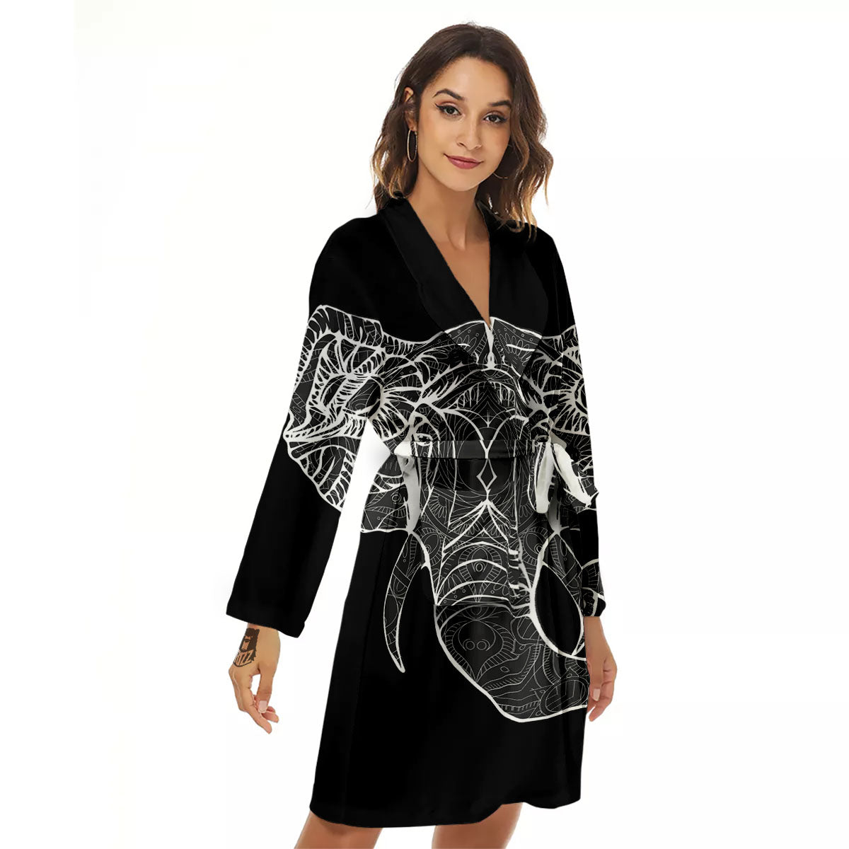 Indian Elephant White And Black Print Women's Robe-grizzshop