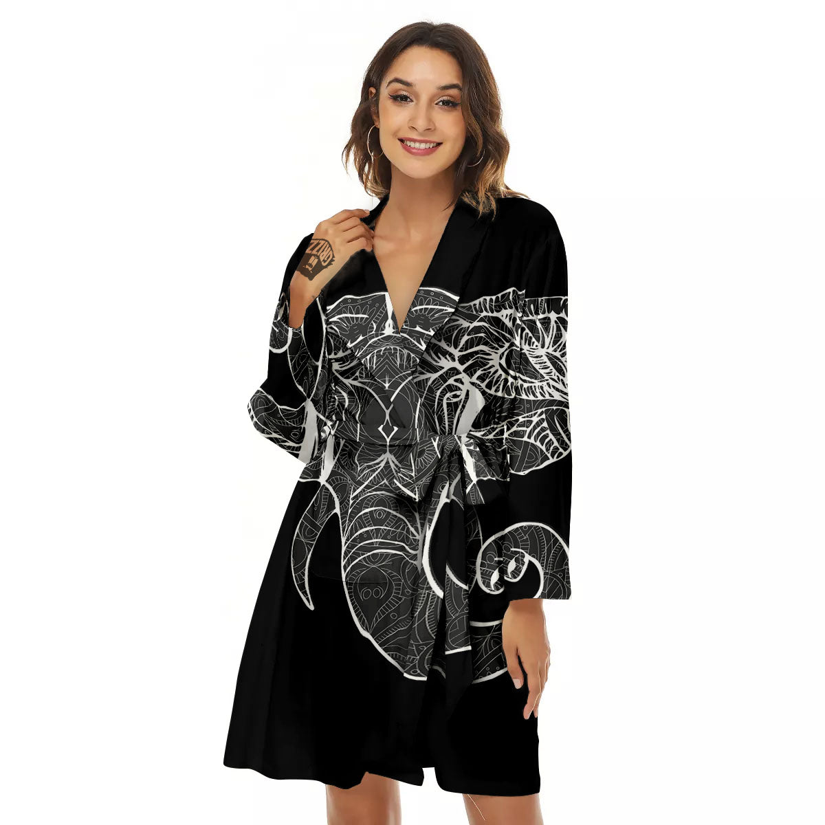 Indian Elephant White And Black Print Women's Robe-grizzshop