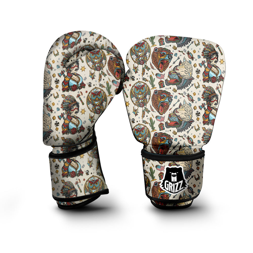 Indian Old School Tattoo Style Print Pattern Boxing Gloves-grizzshop