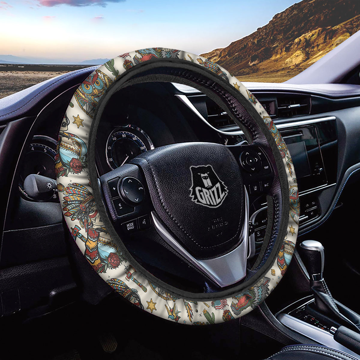 Indian Old School Tattoo Style Print Pattern Car Steering Wheel Cover-grizzshop