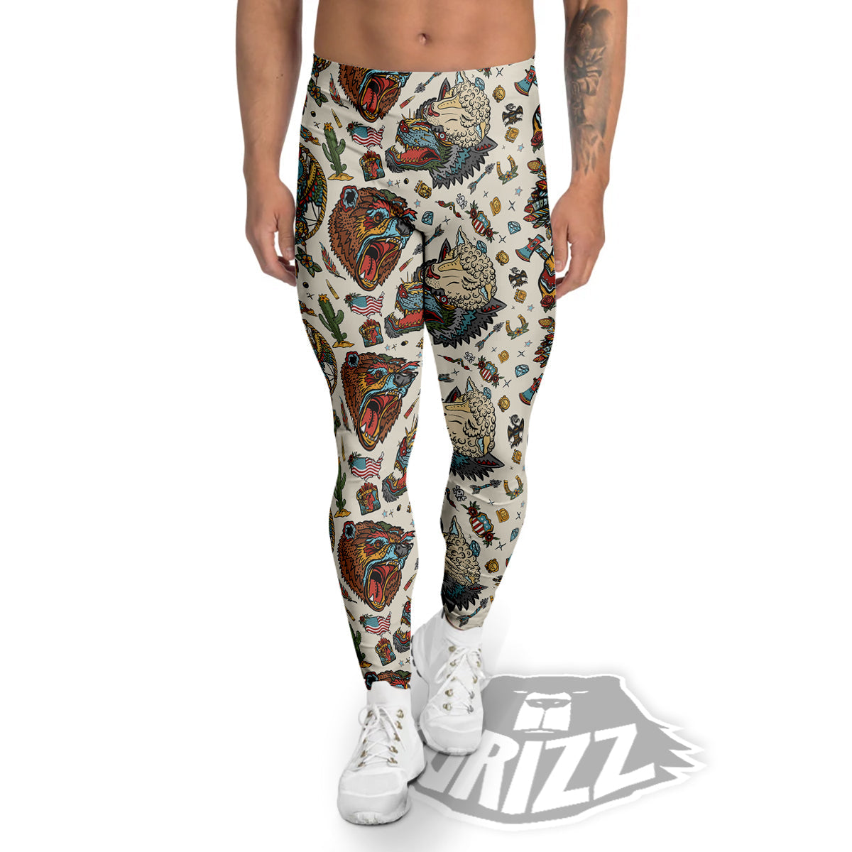 Indian Old School Tattoo Style Print Pattern Men's Leggings-grizzshop