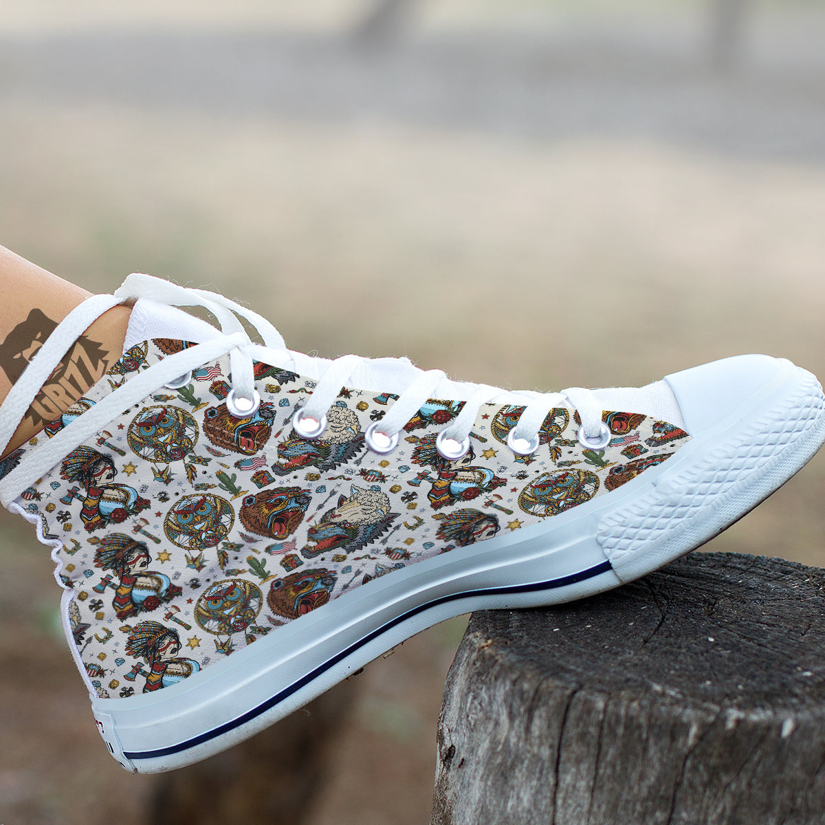 Indian Old School Tattoo Style Print Pattern White High Top Shoes-grizzshop