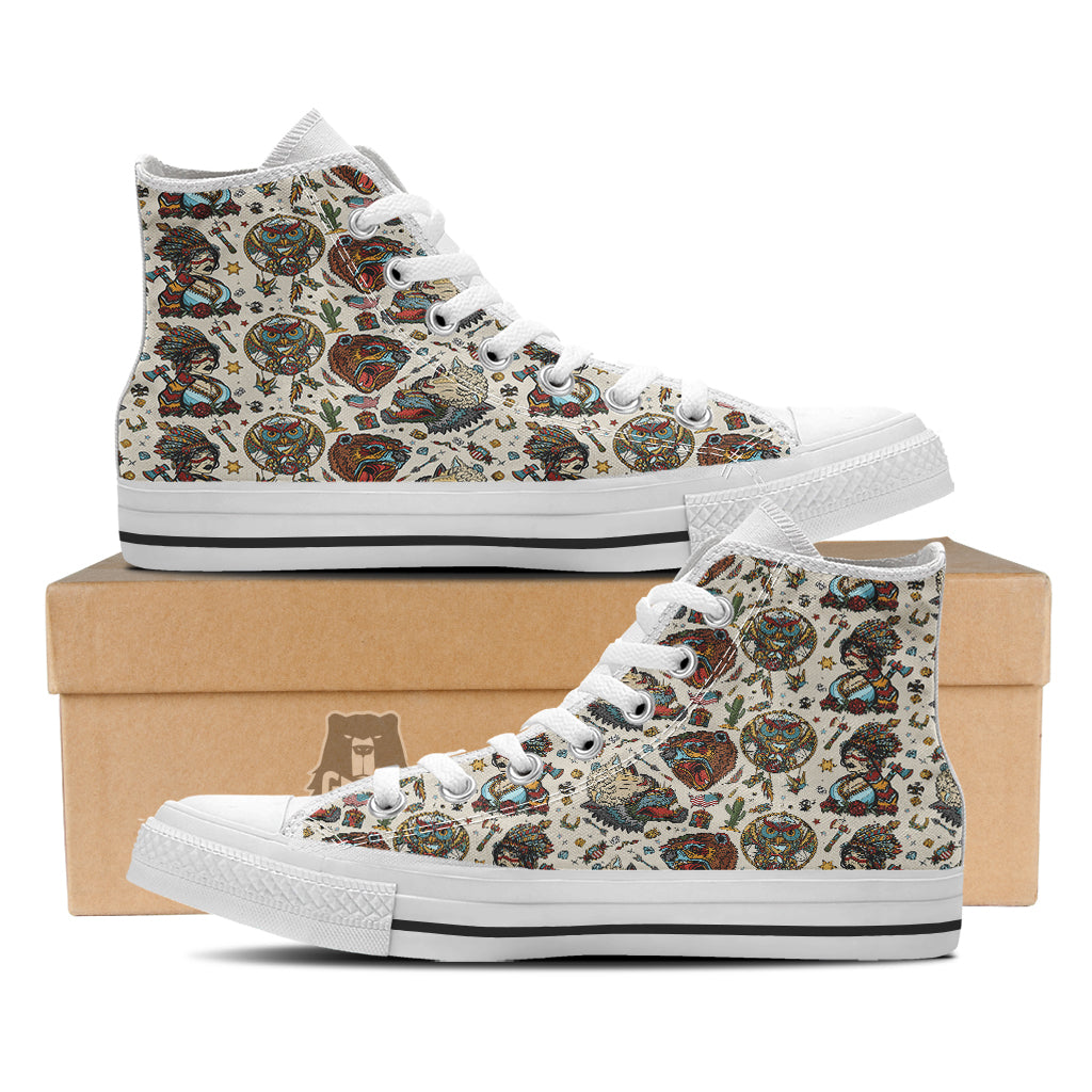 Indian Old School Tattoo Style Print Pattern White High Top Shoes-grizzshop