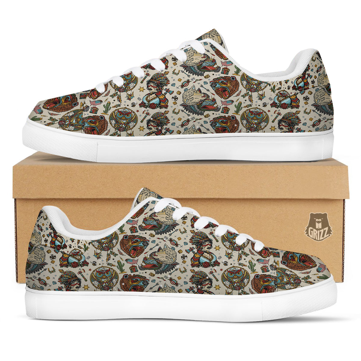 Indian Old School Tattoo Style Print Pattern White Low Top Sneakers-grizzshop