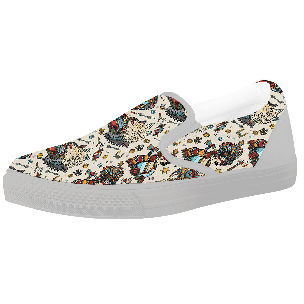 Indian Old School Tattoo Style Print Pattern White Slip On Shoes-grizzshop