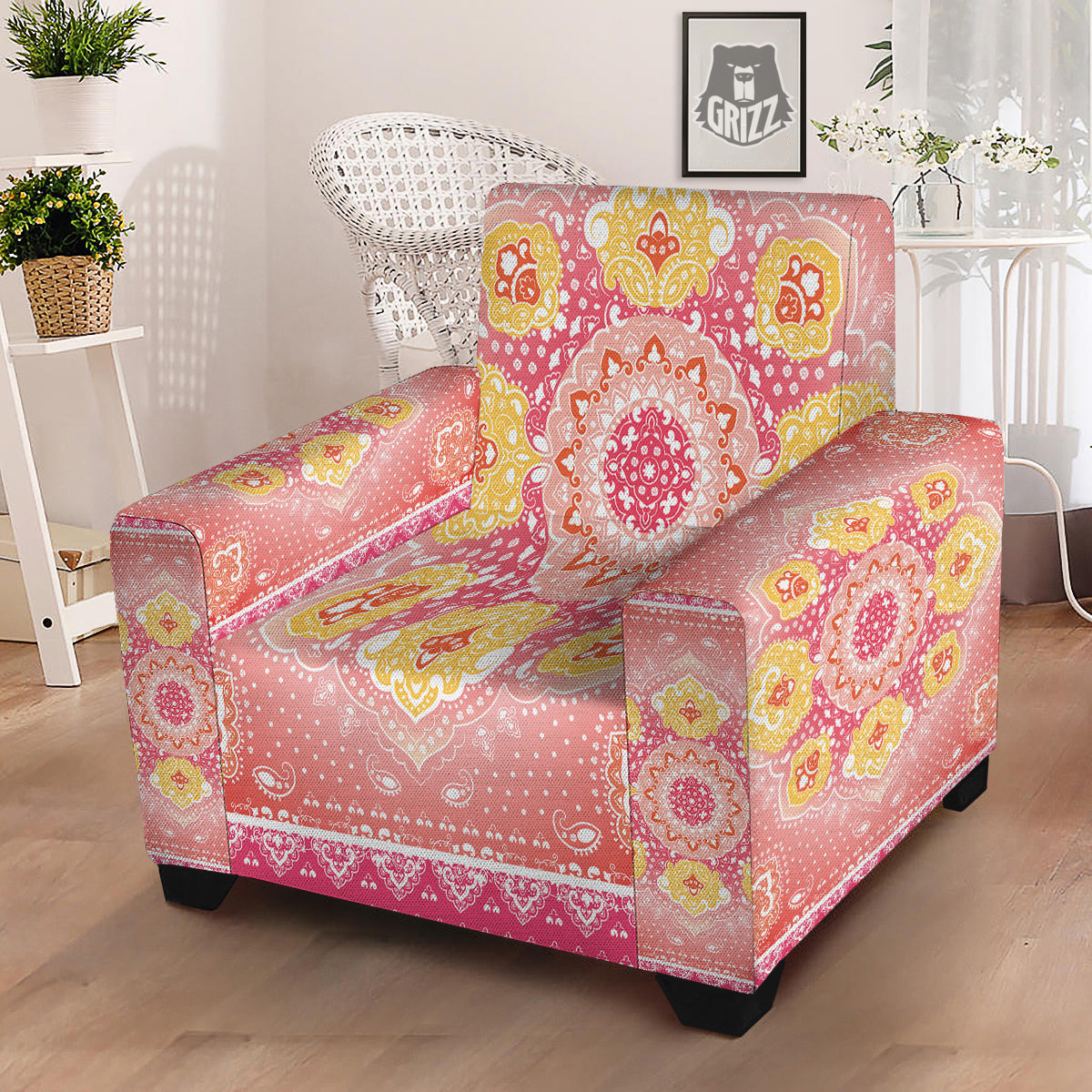 Indian Paisley Bandana Pink Print Armchair Slipcover-grizzshop