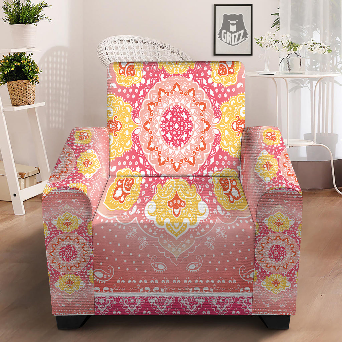 Indian Paisley Bandana Pink Print Armchair Slipcover-grizzshop