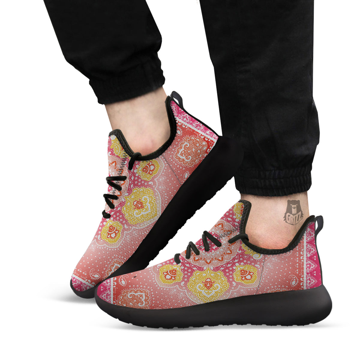 Indian Paisley Bandana Pink Print Black Athletic Shoes-grizzshop