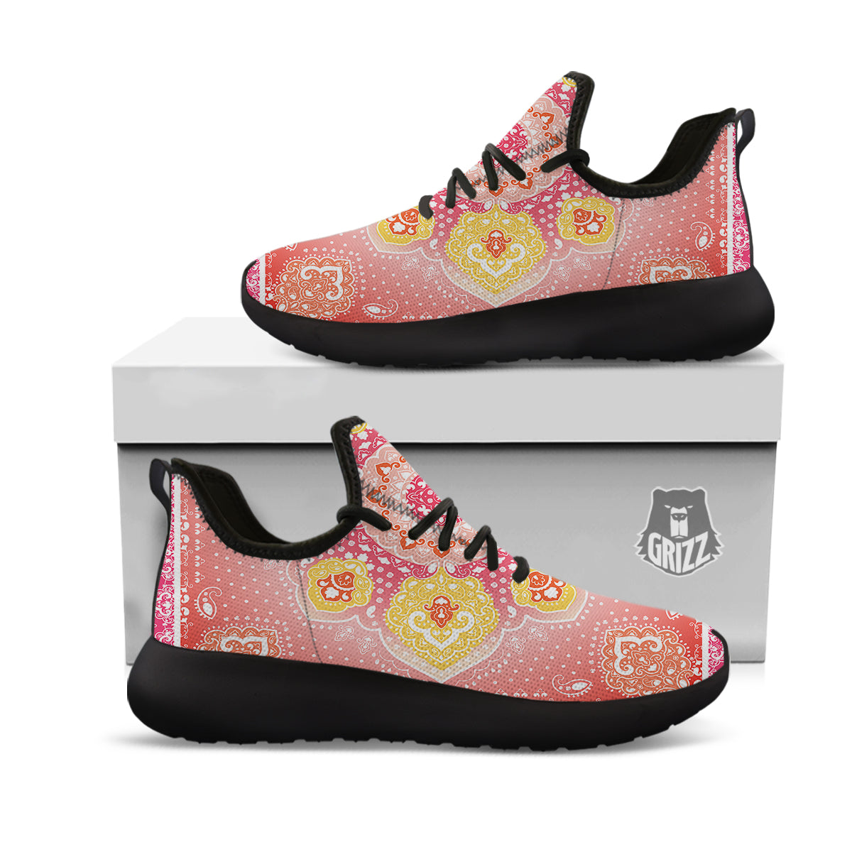 Indian Paisley Bandana Pink Print Black Athletic Shoes-grizzshop