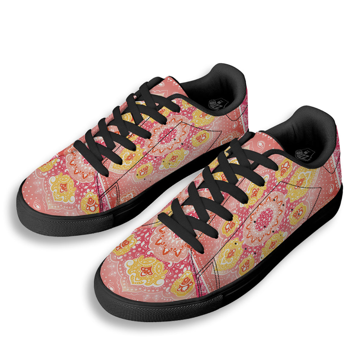 Indian Paisley Bandana Pink Print Black Low Top Sneakers-grizzshop