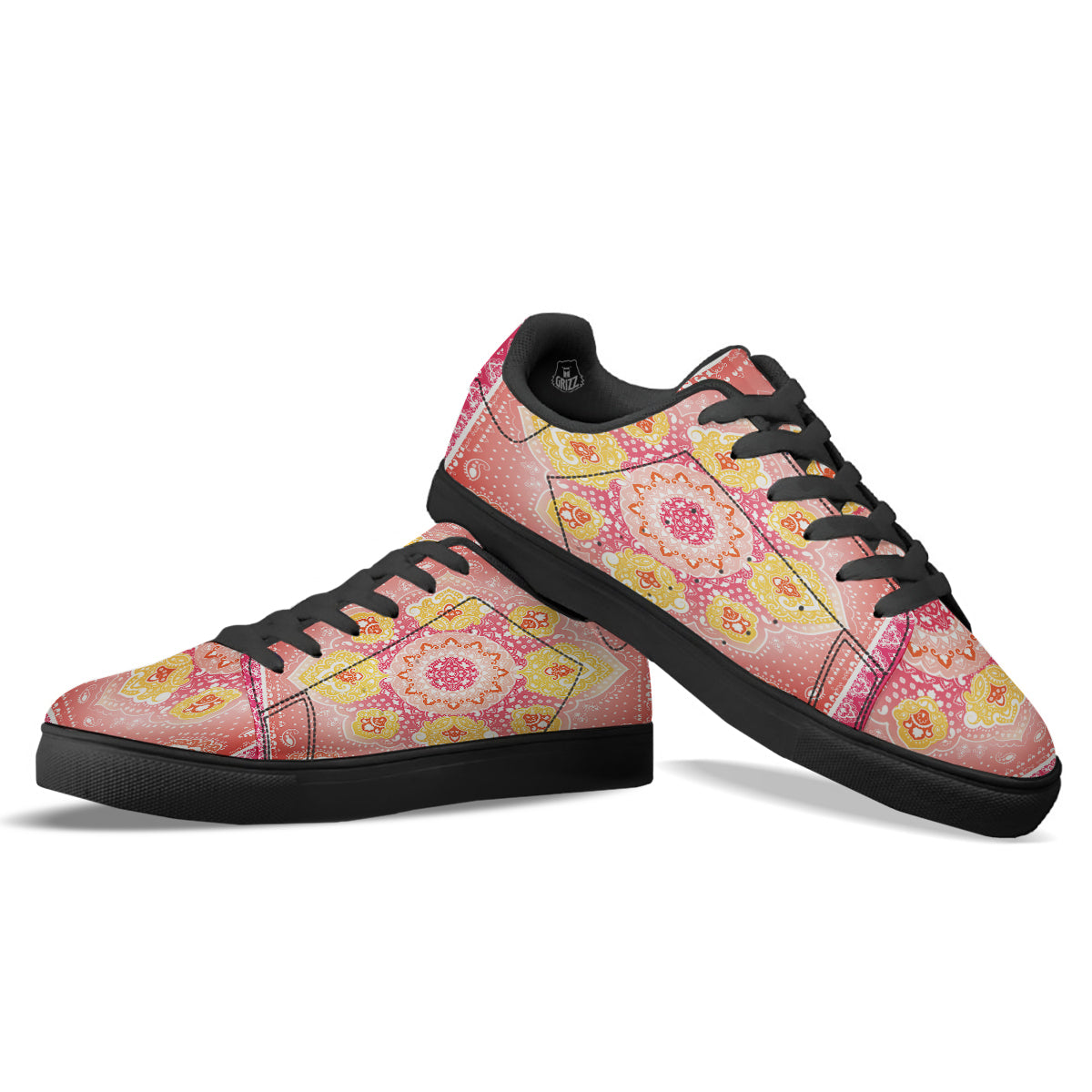 Indian Paisley Bandana Pink Print Black Low Top Sneakers-grizzshop